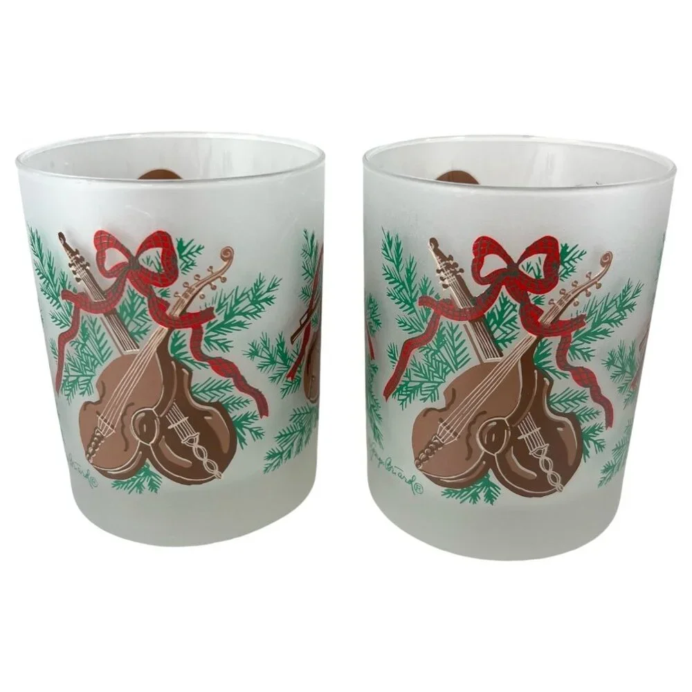 2 Georges Briard Christmas Glasses Frosted Old Fashioned Violin Drum‎ Harp VTG